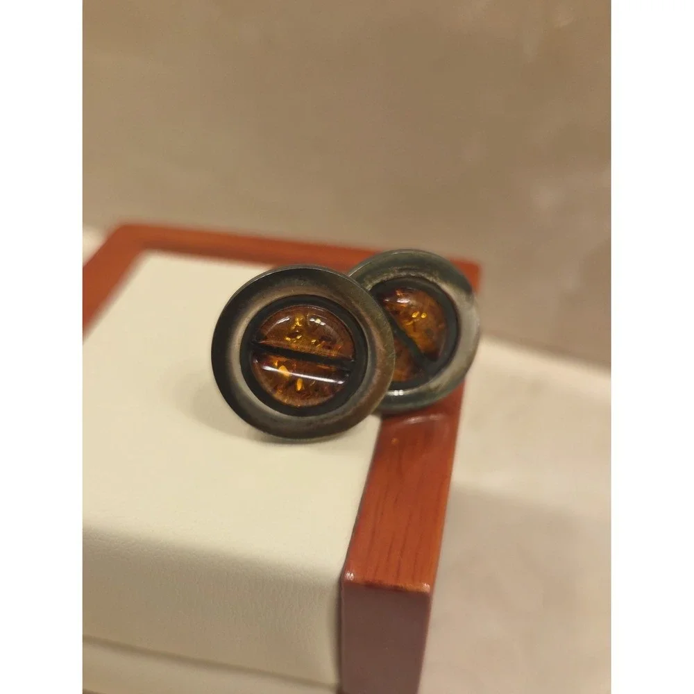 Vintage Art Deco Baltic‎ Amber & Sterling Silver Cufflinks 925